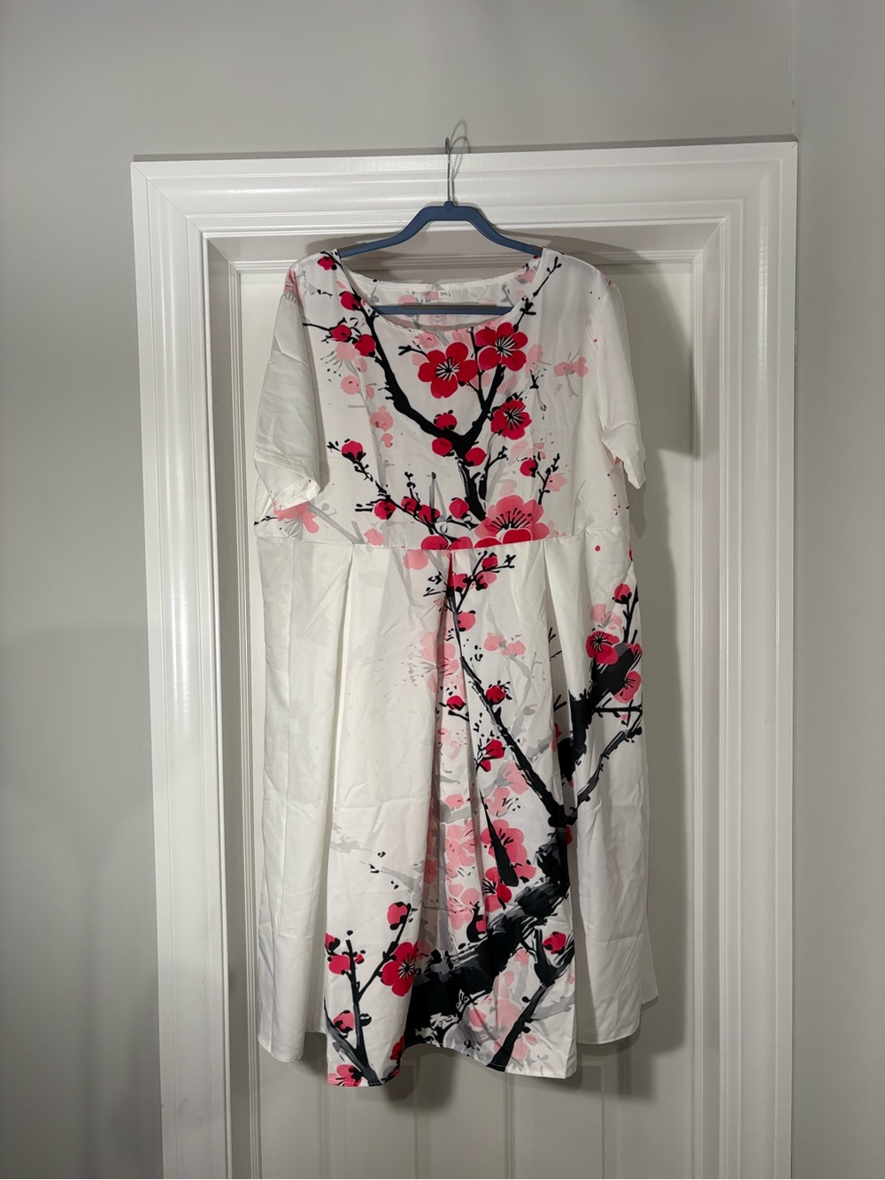 White Floral Fit-and-Flare Dress with Pink Blossom Print